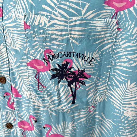 Margaritaville Mens Button Front Shirt Sz S Flamingo Palm Hawaii Aloha Blue Pink - Picture 3 of 8